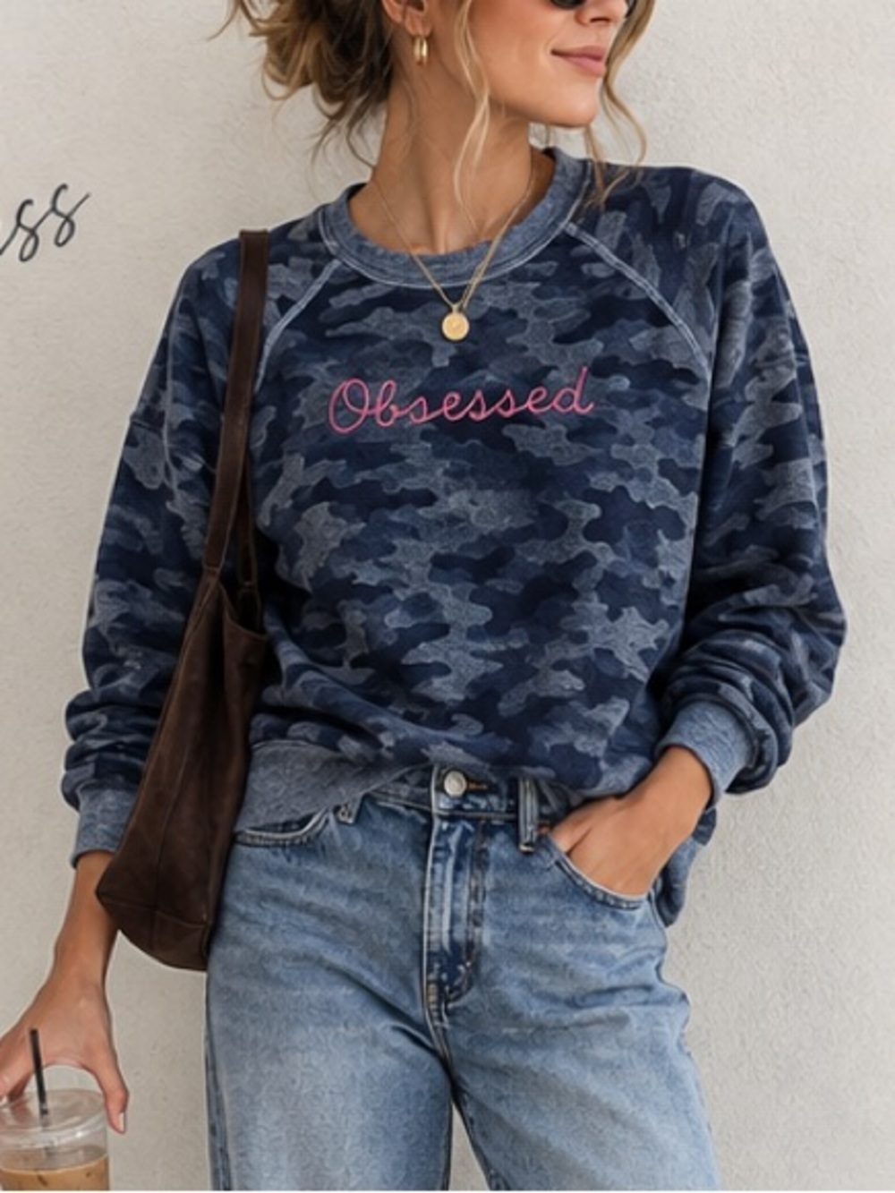Sundry Obsessed Pullover Crewneck Sweatshirt Blue Camo Embroidered Sweater Top